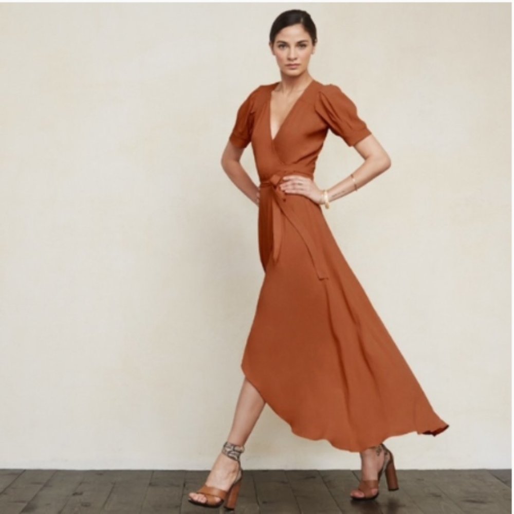 Reformation Lochness Wrap Maxi Dress in Cognac
